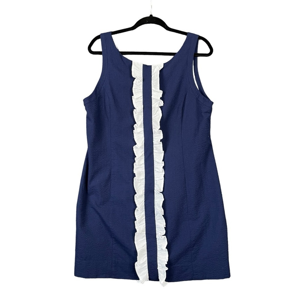 Lauren James Bailey Navy & White Ruffle Seersucker Dress Women's Size XL